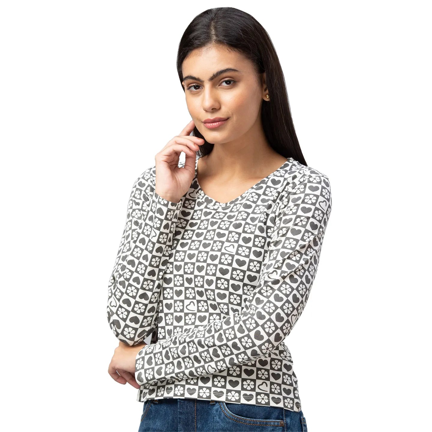 Being Human Clothing Crop Slim Fit  Women V-Neck T-Shirts-Charcoal & Antique White