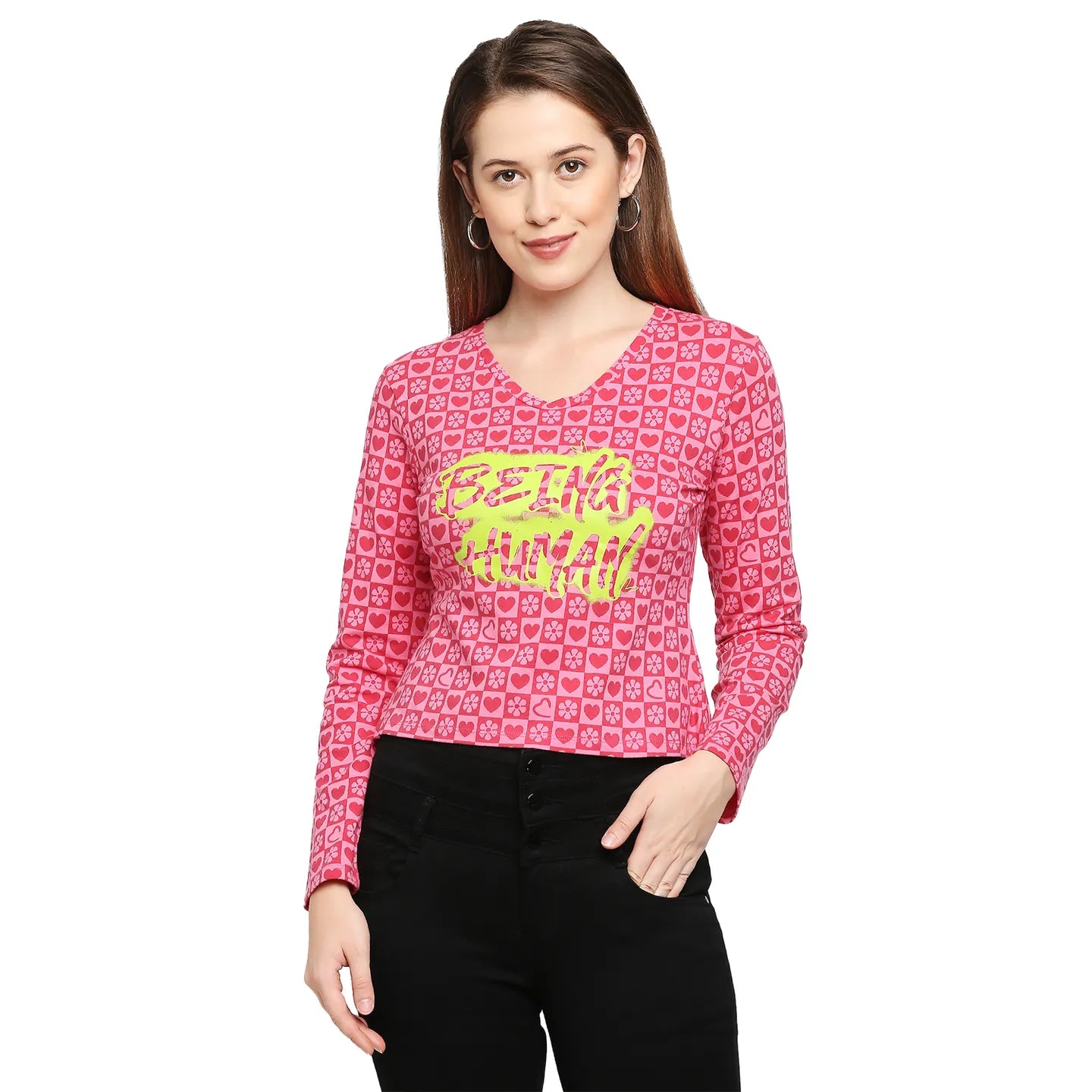 Being Human Clothing Easy Fit  Women V-Neck T-Shirts-Raspberry Wine & Pink