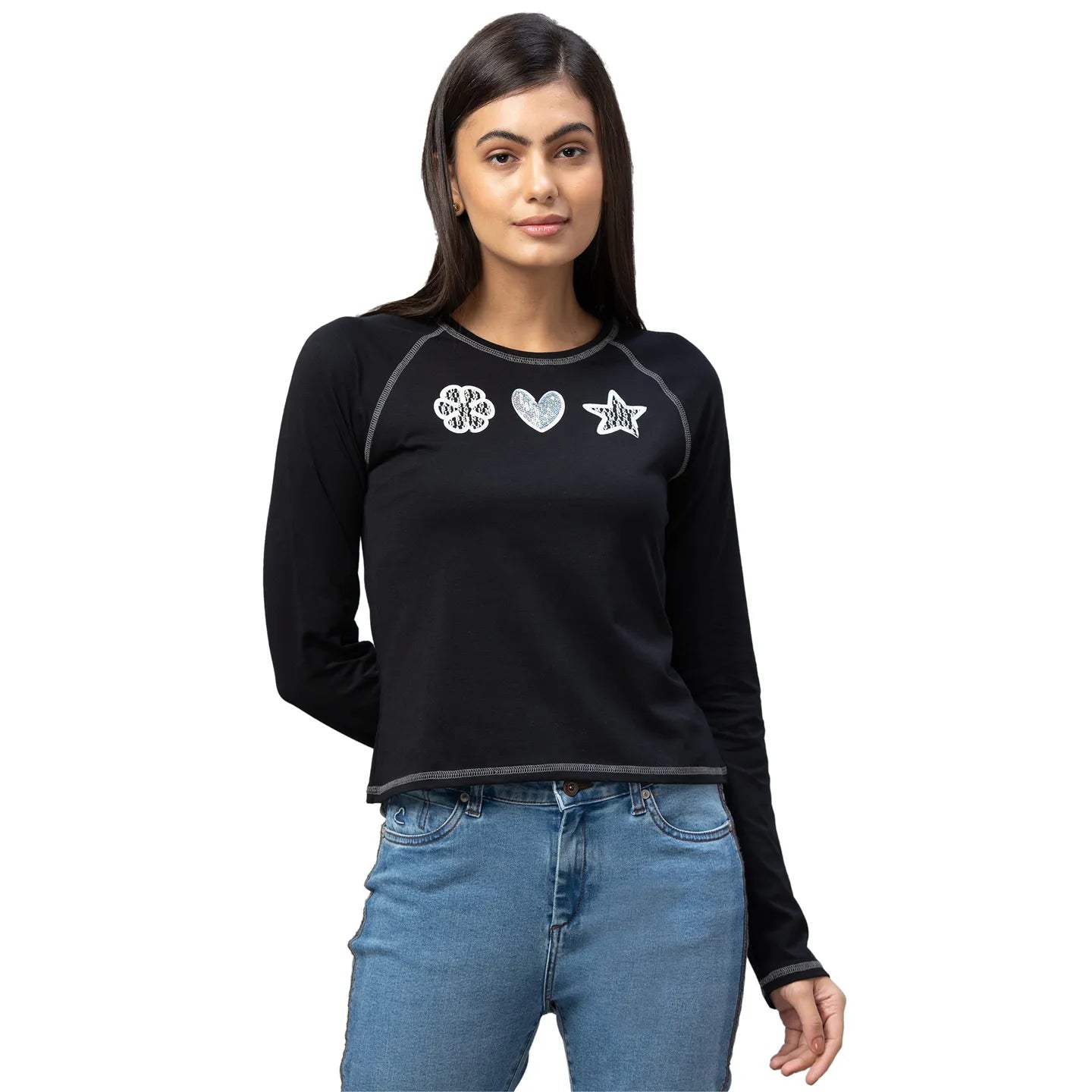 Being Human Clothing  Women Slim Fit Crew Neck Crop T-Shirts-Jet Black