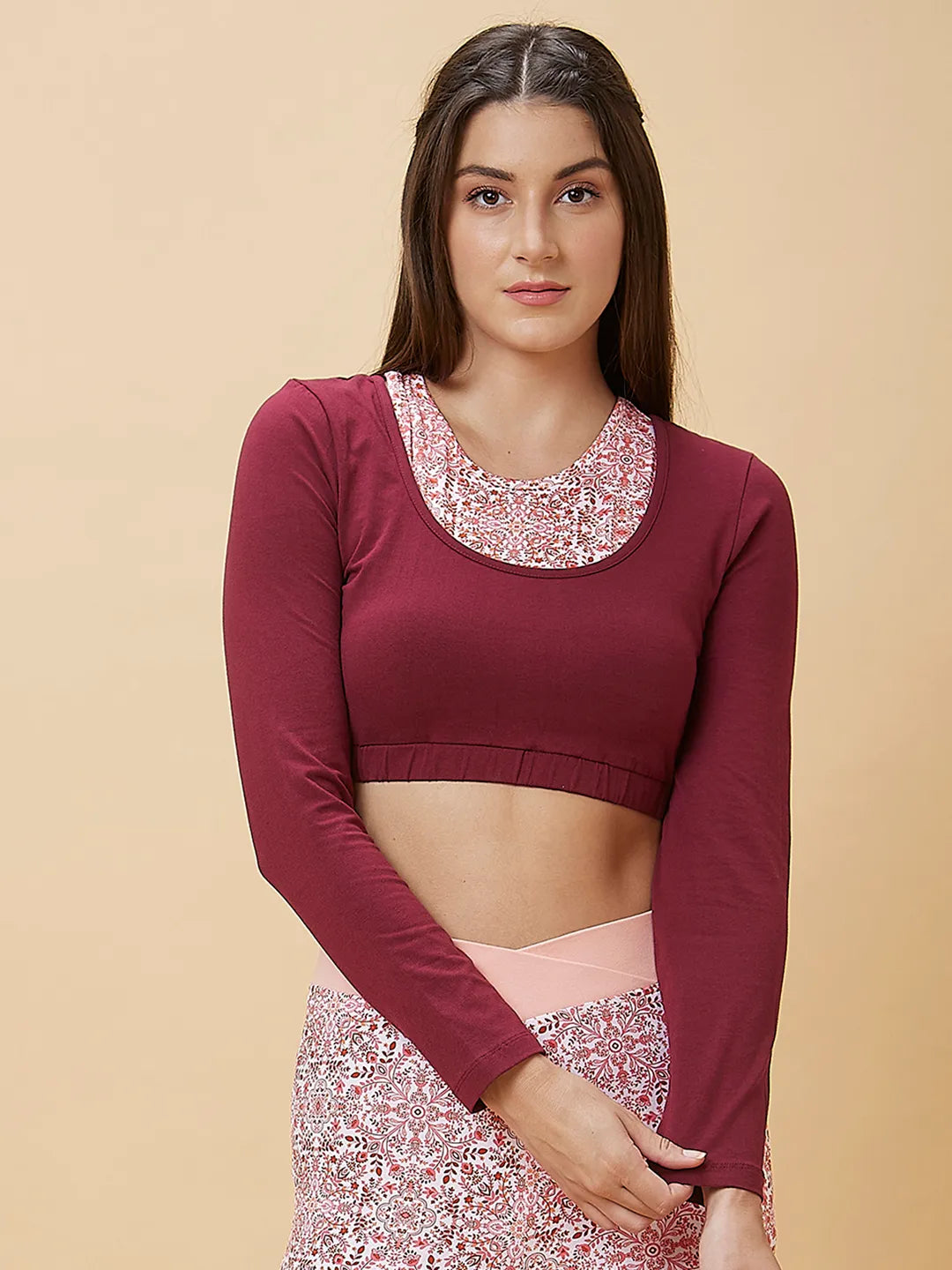 Women Cropped Fit Crew Neck T-Shirts Maroon by Being Human Clothing