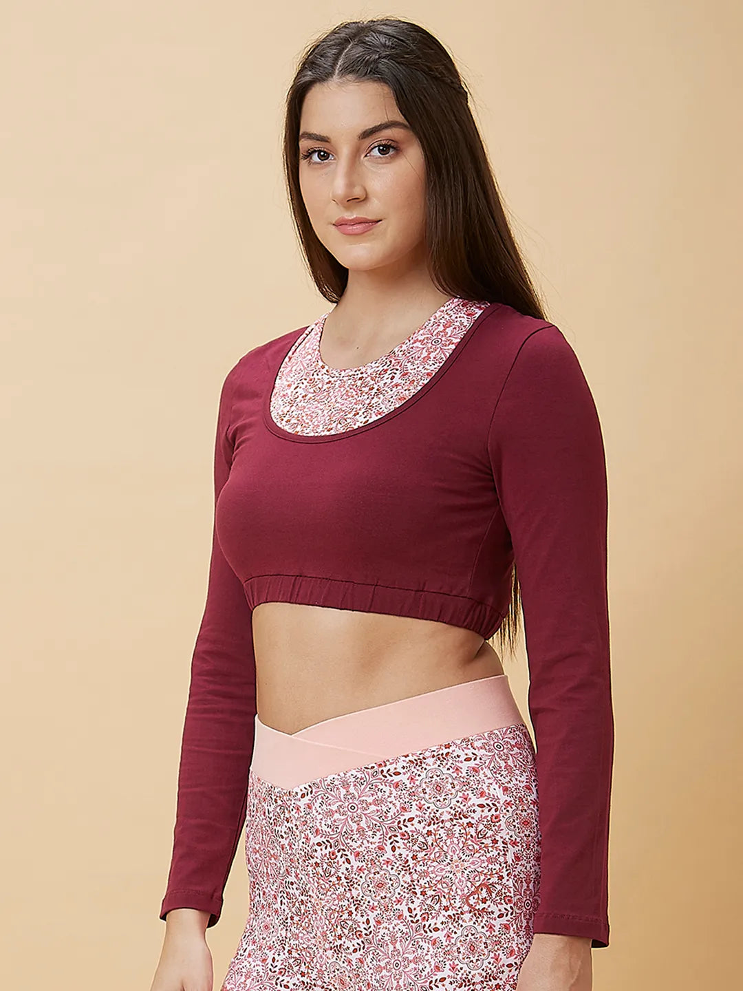 Women Cropped Fit Crew Neck T-Shirts Maroon by Being Human Clothing