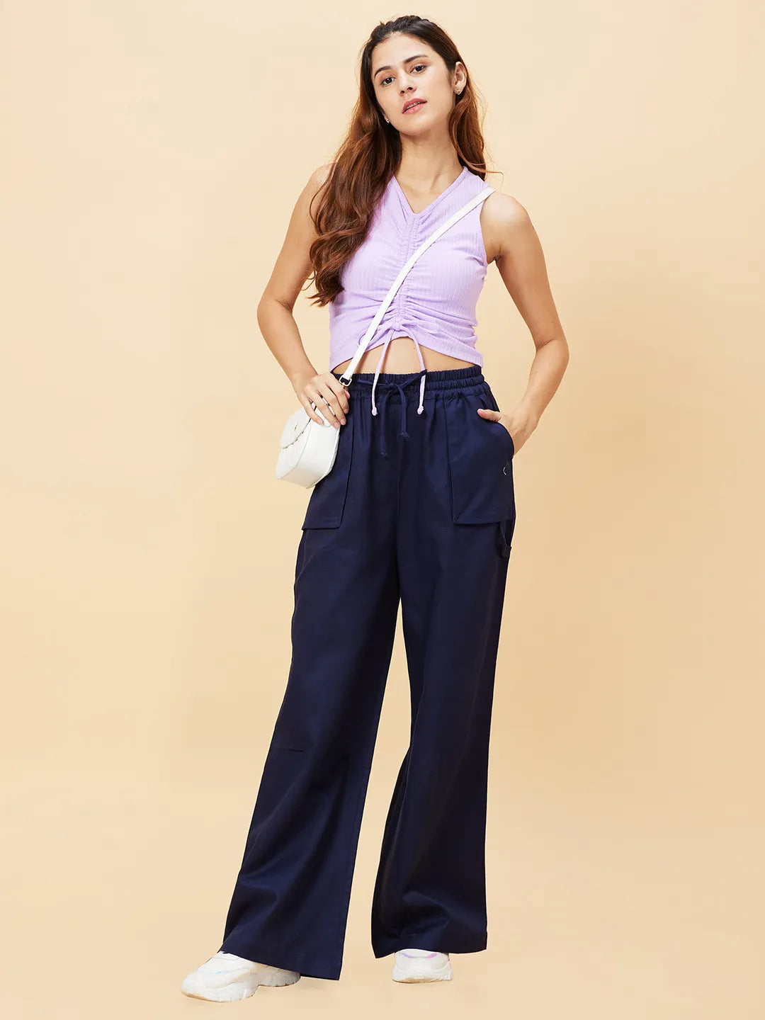 Blue Flared Regular Fit Women's Cotton Blend Track Pants By Being Human Clothing