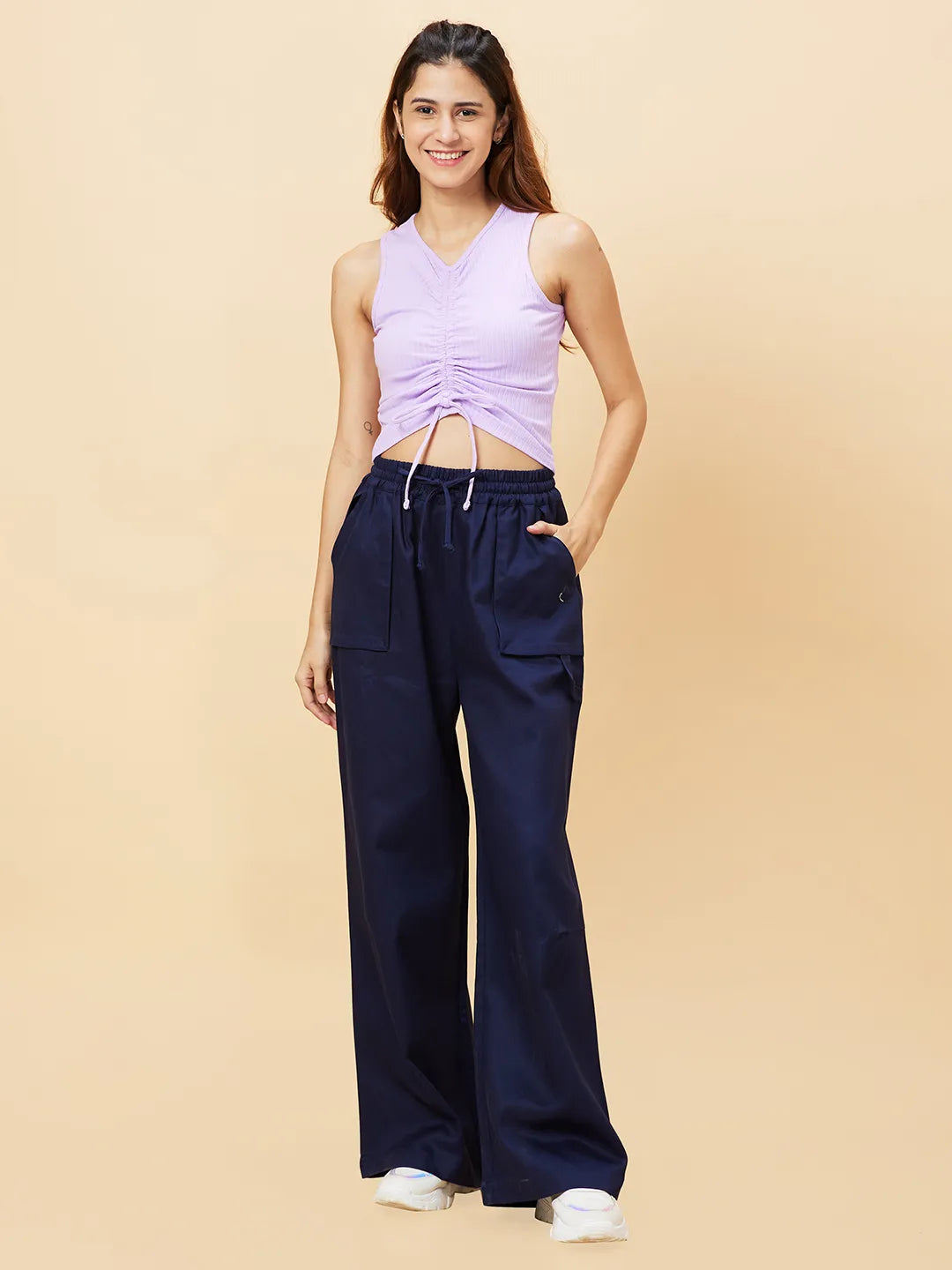 Blue Flared Regular Fit Women's Cotton Blend Track Pants By Being Human Clothing