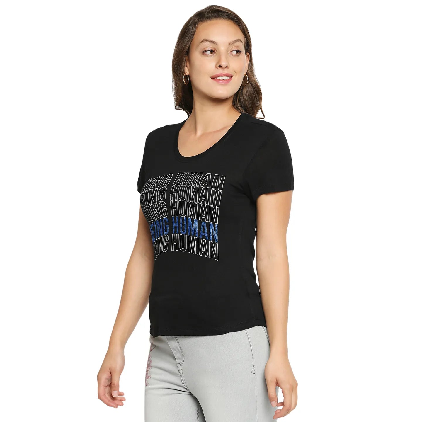 Being Human Clothing Women Easy Fit Crew Neck T-Shirts-Black