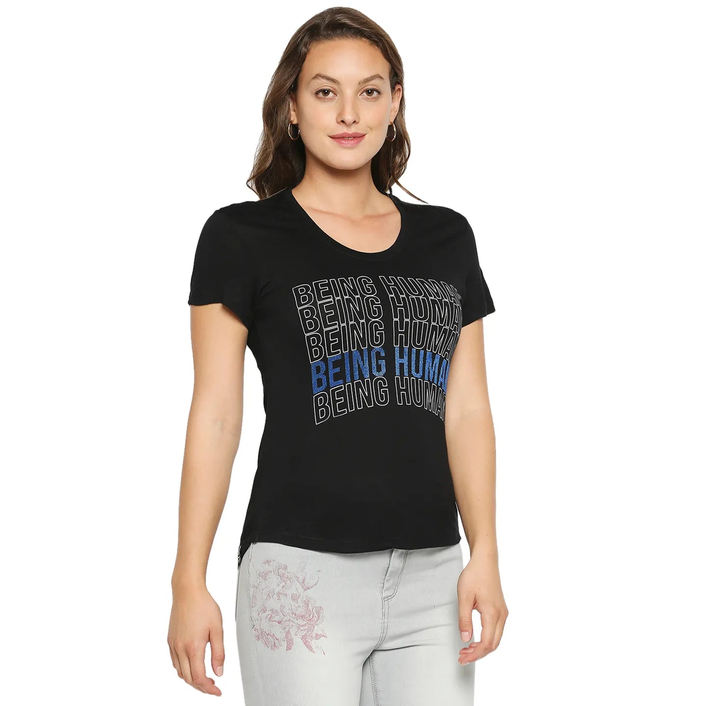 Being Human Clothing Women Easy Fit Crew Neck T-Shirts-Black