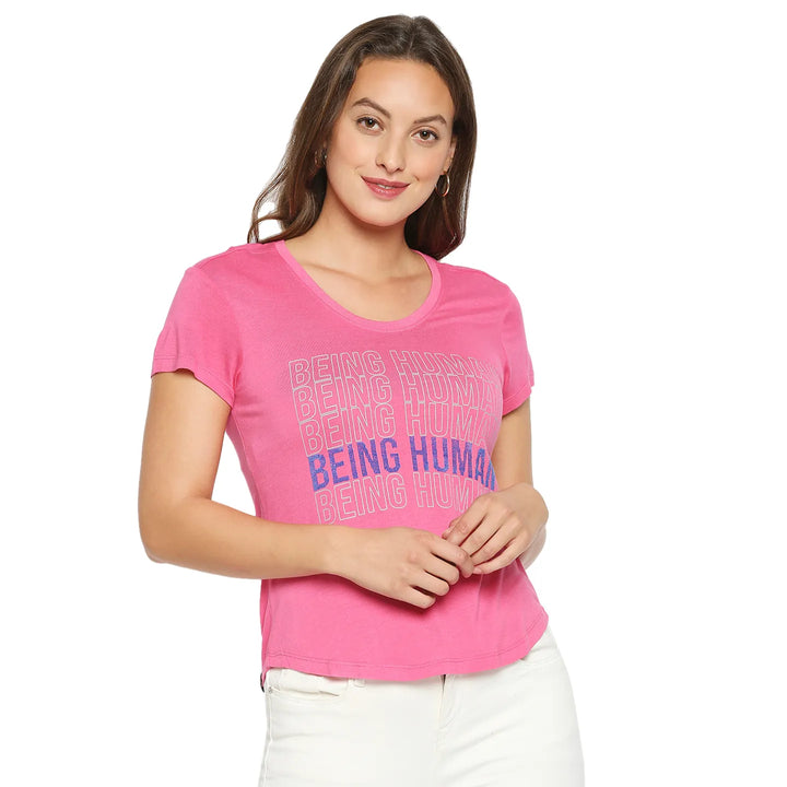 Hot Pink Easy Fit Women's Viscose T-Shirt By Being Human Clothing