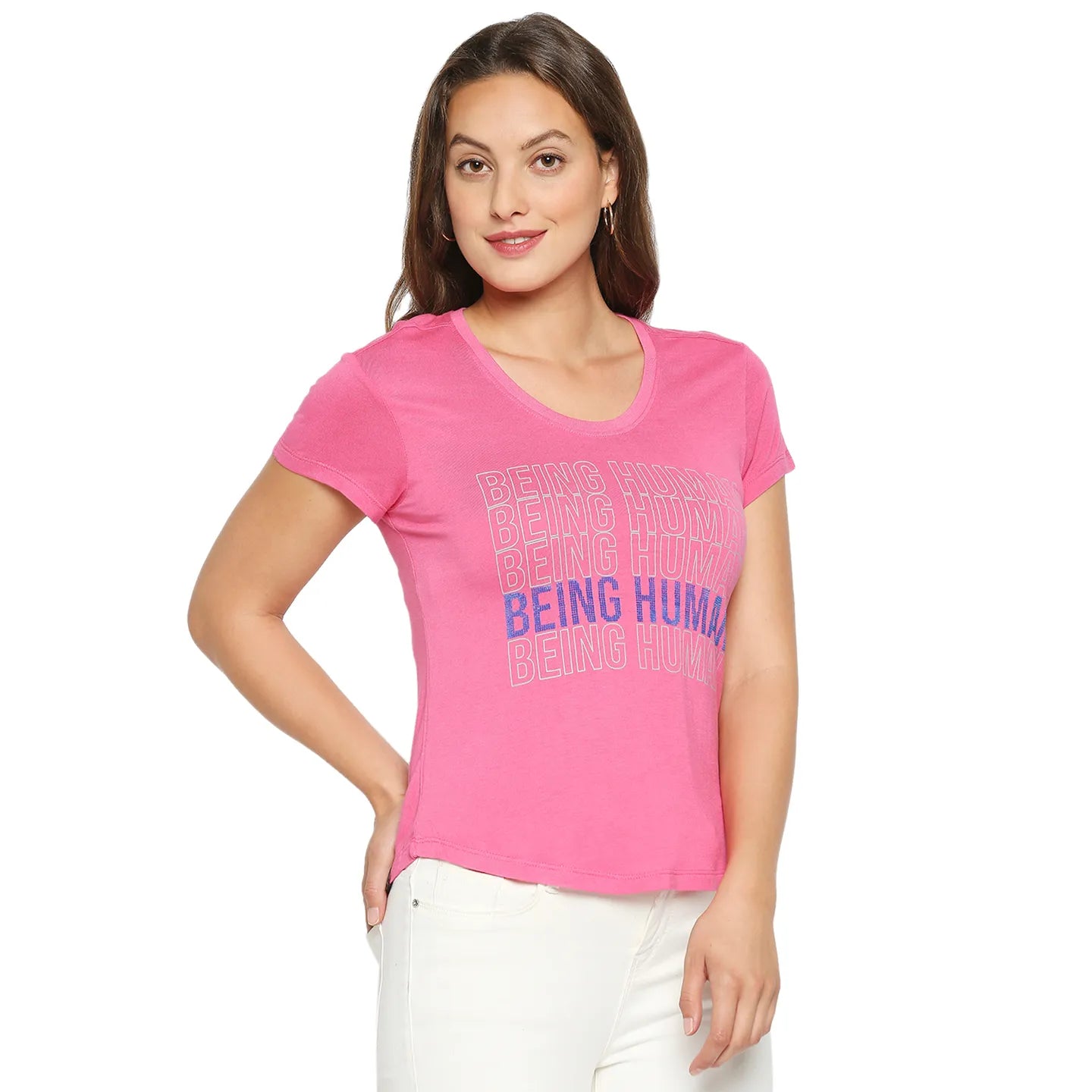Being Human Clothing Women Easy Fit Crew Neck T-Shirts-Hot Pink