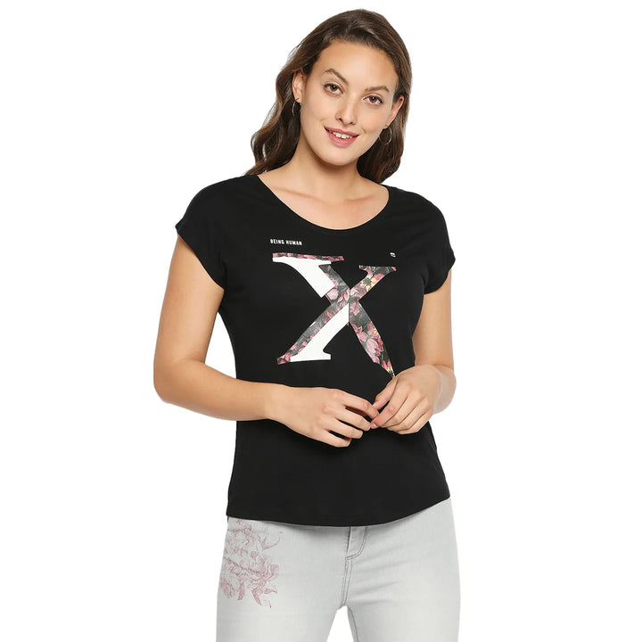 Black Easy Fit Round Neck Extended Sleeves Modal Jersey Women's T-Shirt by Being Human Clothing