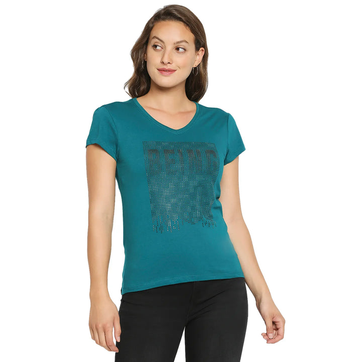 Green Easy Fit Round Neck Short Sleeves Cotton Women's T-Shirt by Being Human Clothing