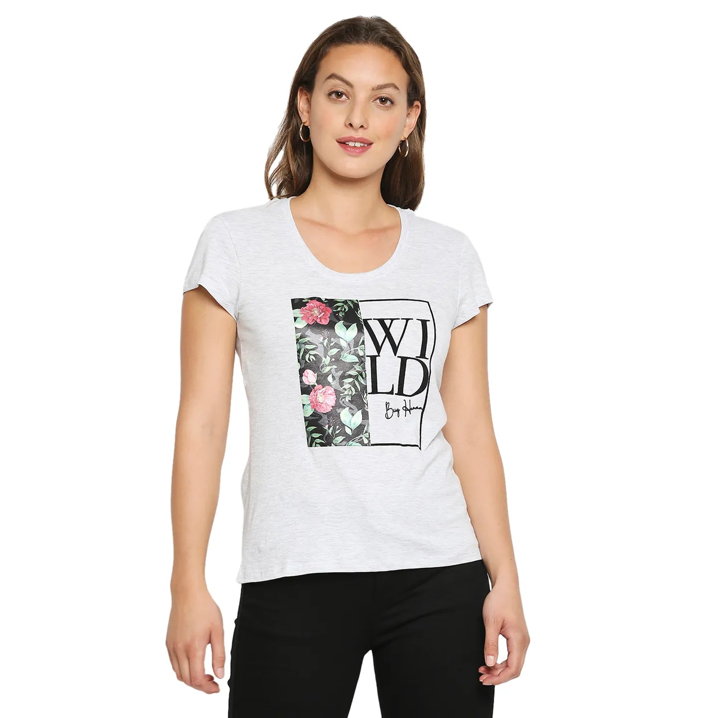 Being Human Clothing Women Easy Fit Crew Neck T-Shirts-Ecru Melange