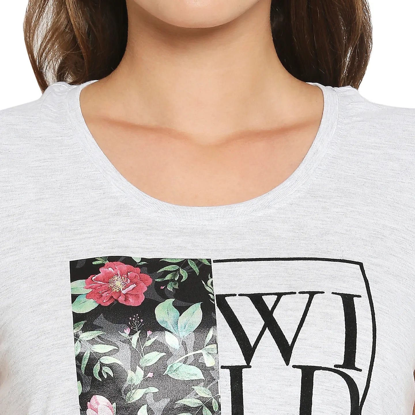 Being Human Clothing Women Easy Fit Crew Neck T-Shirts-Ecru Melange