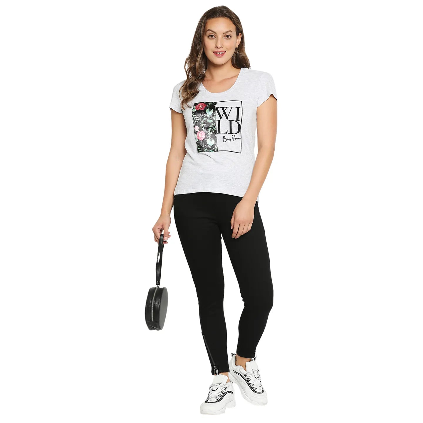 Being Human Clothing Women Easy Fit Crew Neck T-Shirts-Ecru Melange