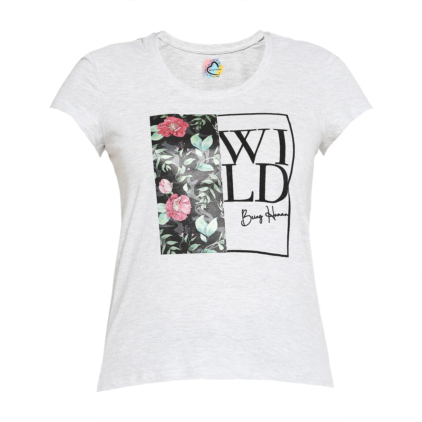 Being Human Clothing Women Easy Fit Crew Neck T-Shirts-Ecru Melange