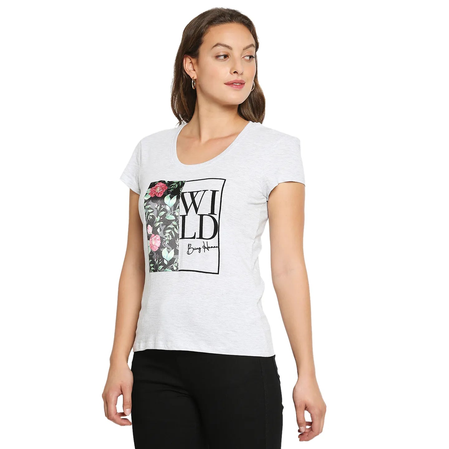 Being Human Clothing Women Easy Fit Crew Neck T-Shirts-Ecru Melange