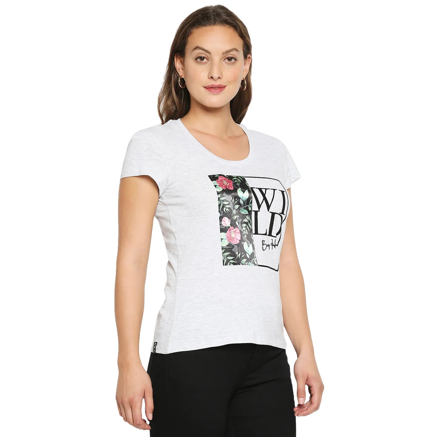 Being Human Clothing Women Easy Fit Crew Neck T-Shirts-Ecru Melange