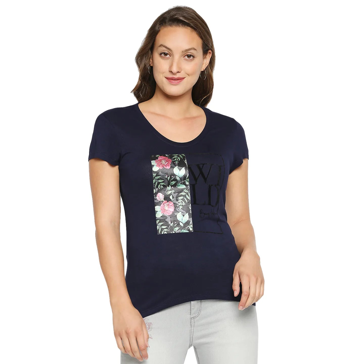 Blue Easy Fit Round Neck Short Sleeves Modal Jersey Women's T-Shirt by Being Human Clothing