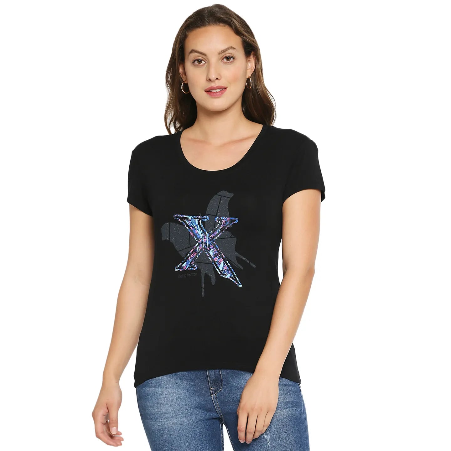 Black Easy Fit Round Neck Short Sleeves Cotton Women's T-Shirt by Being Human Clothing