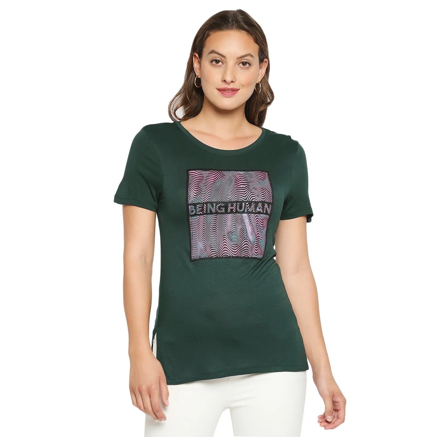 Being Human Clothing Regular Women Crew Neck T-Shirts-Forest Green