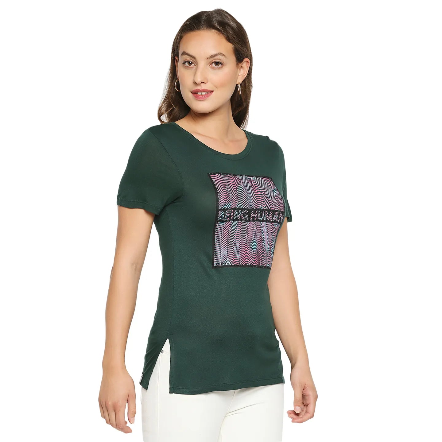 Being Human Clothing Regular Women Crew Neck T-Shirts-Forest Green