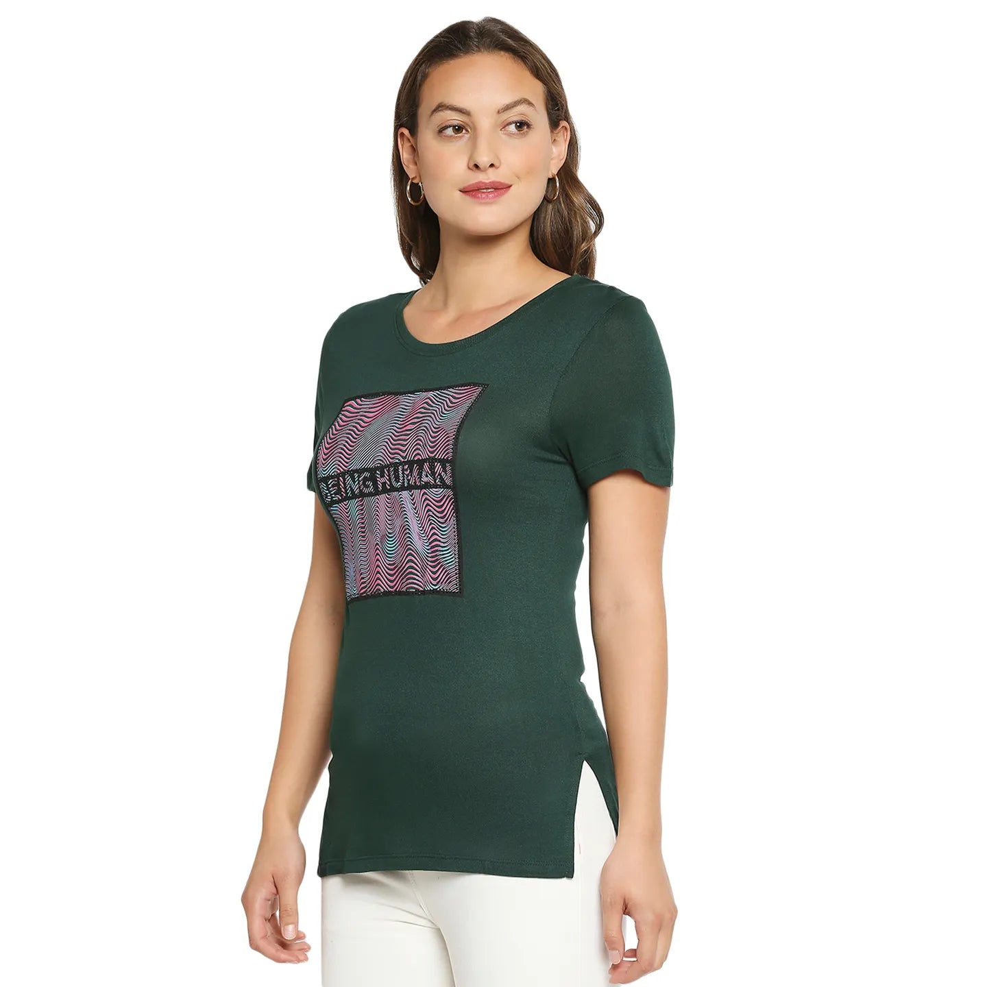 Being Human Clothing Regular Women Crew Neck T-Shirts-Forest Green