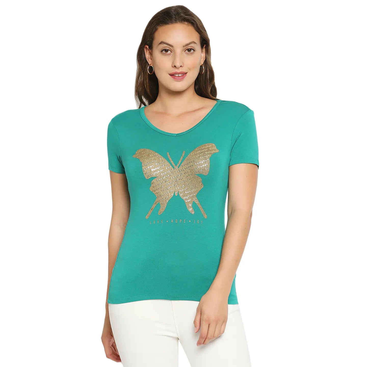 Green Regular Fit Round Neck Short Sleeves Cotton Women's T-Shirt by Being Human Clothing