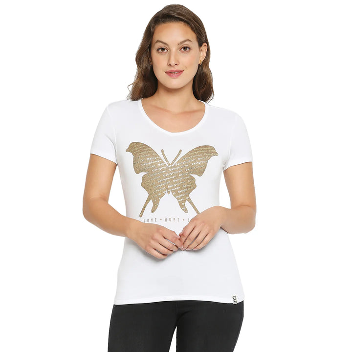 White Regular Fit Round Neck Short Sleeves Cotton Women's T-Shirt by Being Human Clothing