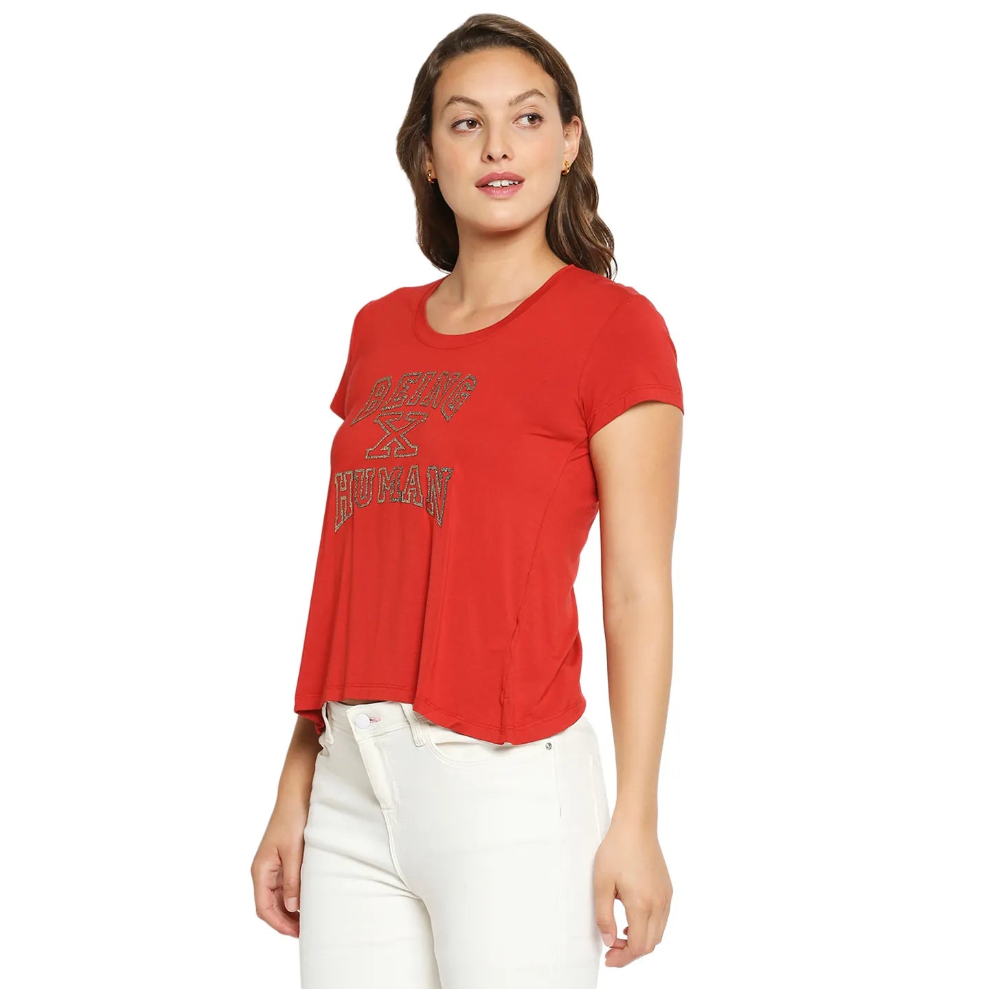 Being Human Clothing Women Easy Fit Crew Neck T-Shirts-Oxy Fire Red