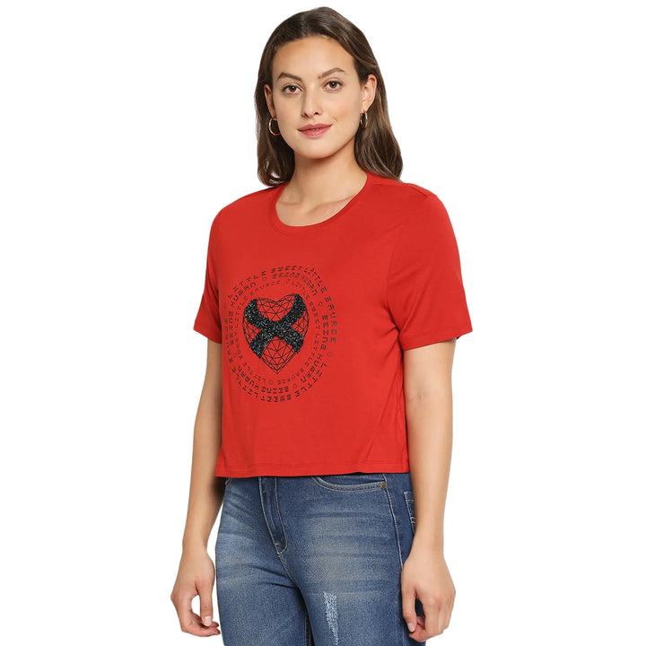 Red Boxy Fit Round Neck Short Sleeves Cotton Women's T-Shirt by Being Human Clothing