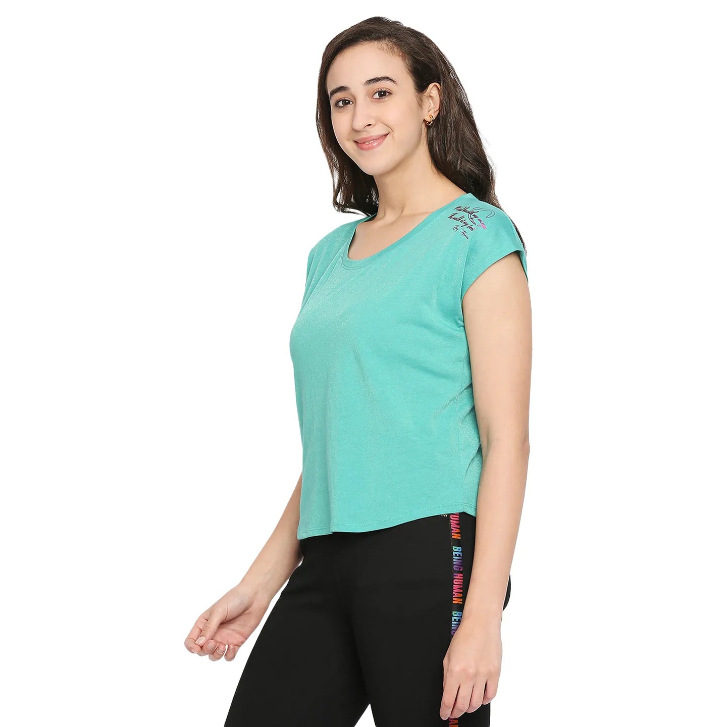 Being Human Clothing  Women Easy Fit Crew Neck T-Shirts-Green Lake