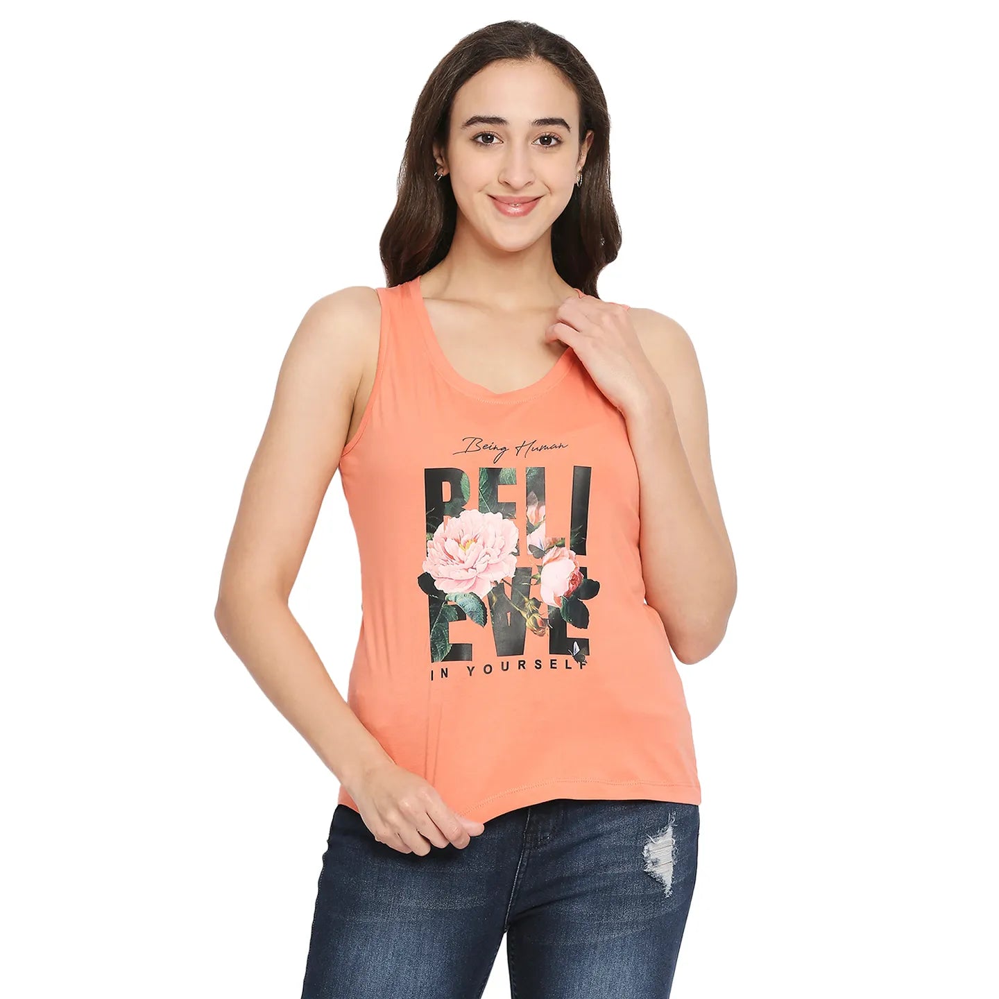Being Human Clothing Women Semi Tank Fit Crew Neck T-Shirts-Geranium