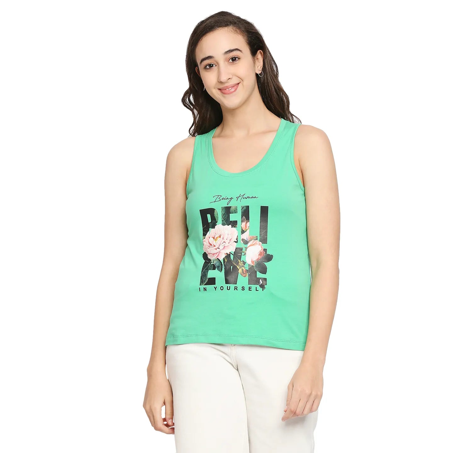 Women Semi Tank Fit Crew Neck T-Shirts-Mint Green by Being Human Clothing