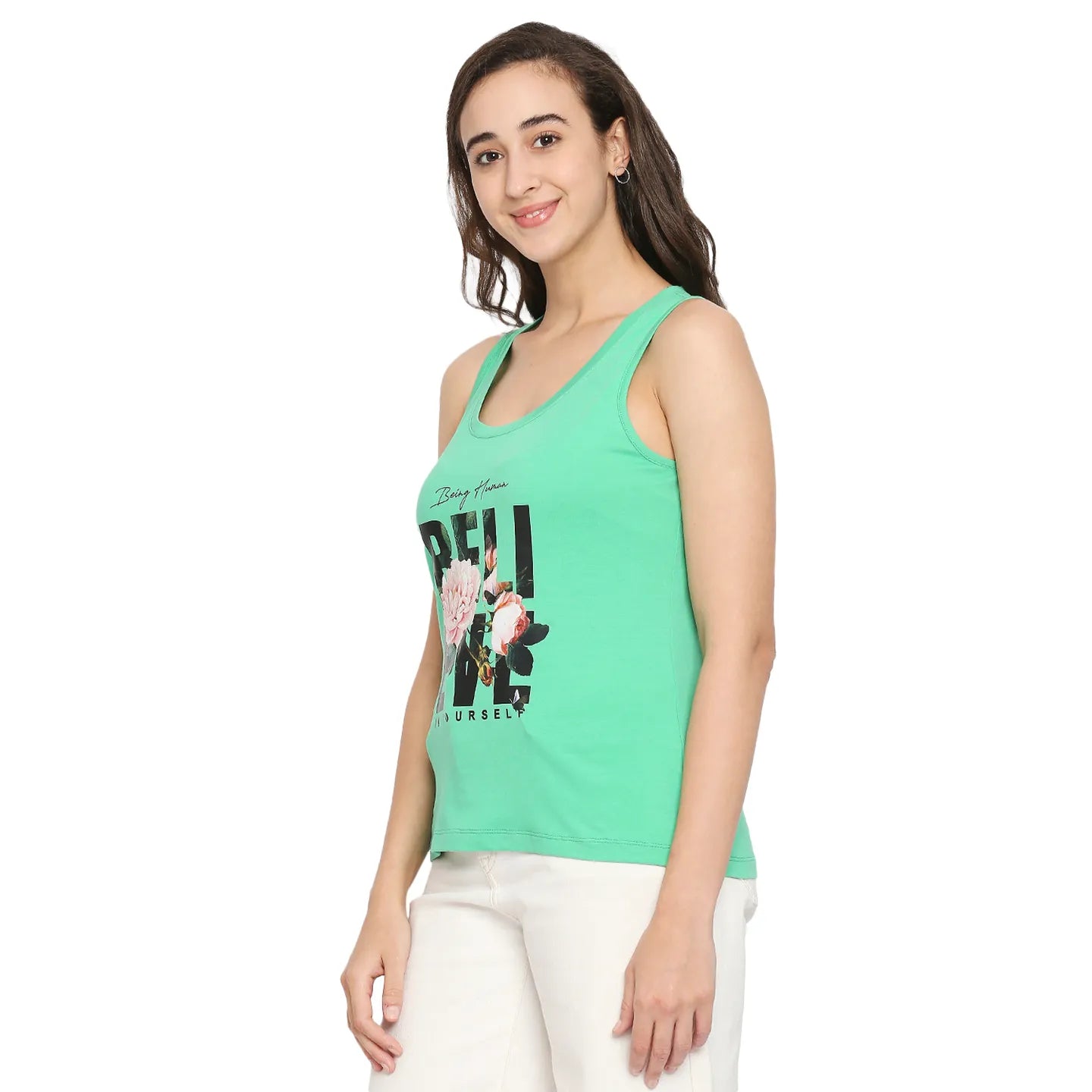 Women Semi Tank Fit Crew Neck T-Shirts-Mint Green by Being Human Clothing