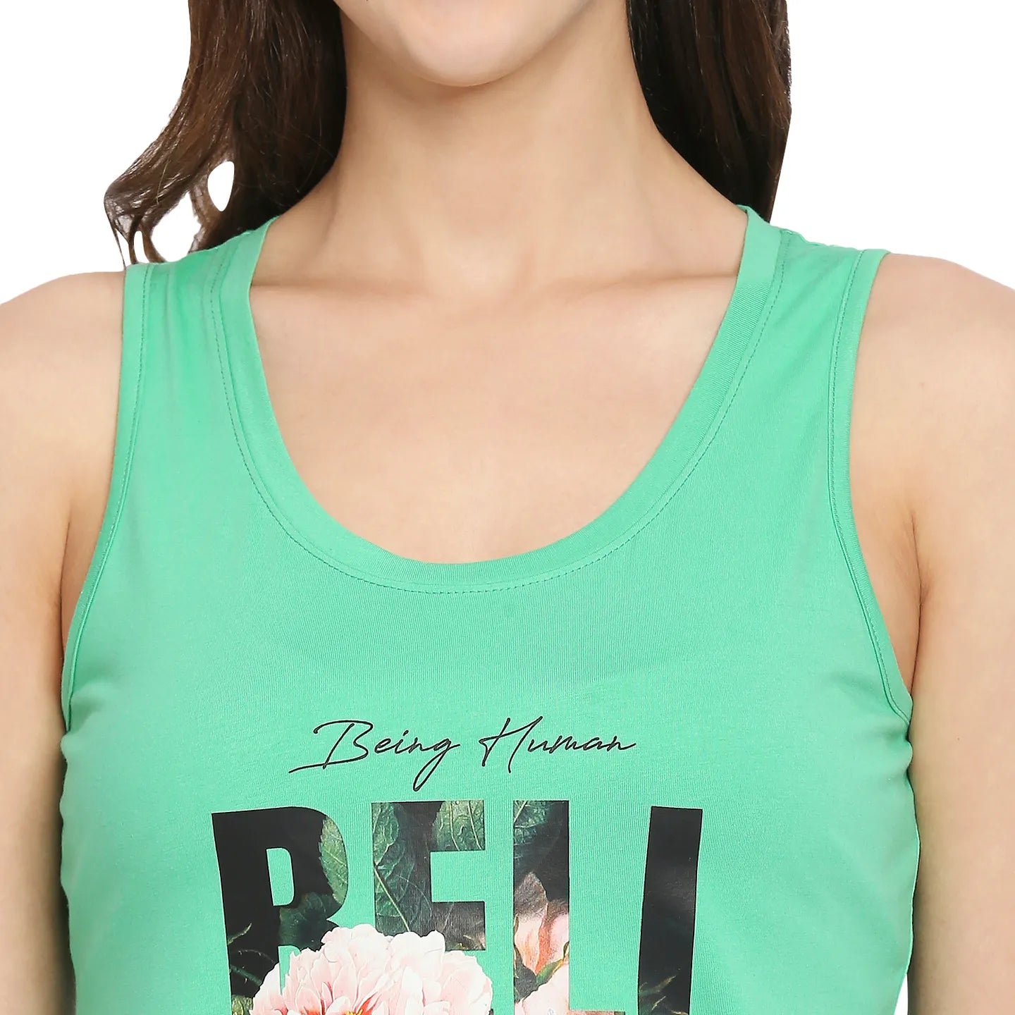 Women Semi Tank Fit Crew Neck T-Shirts-Mint Green by Being Human Clothing