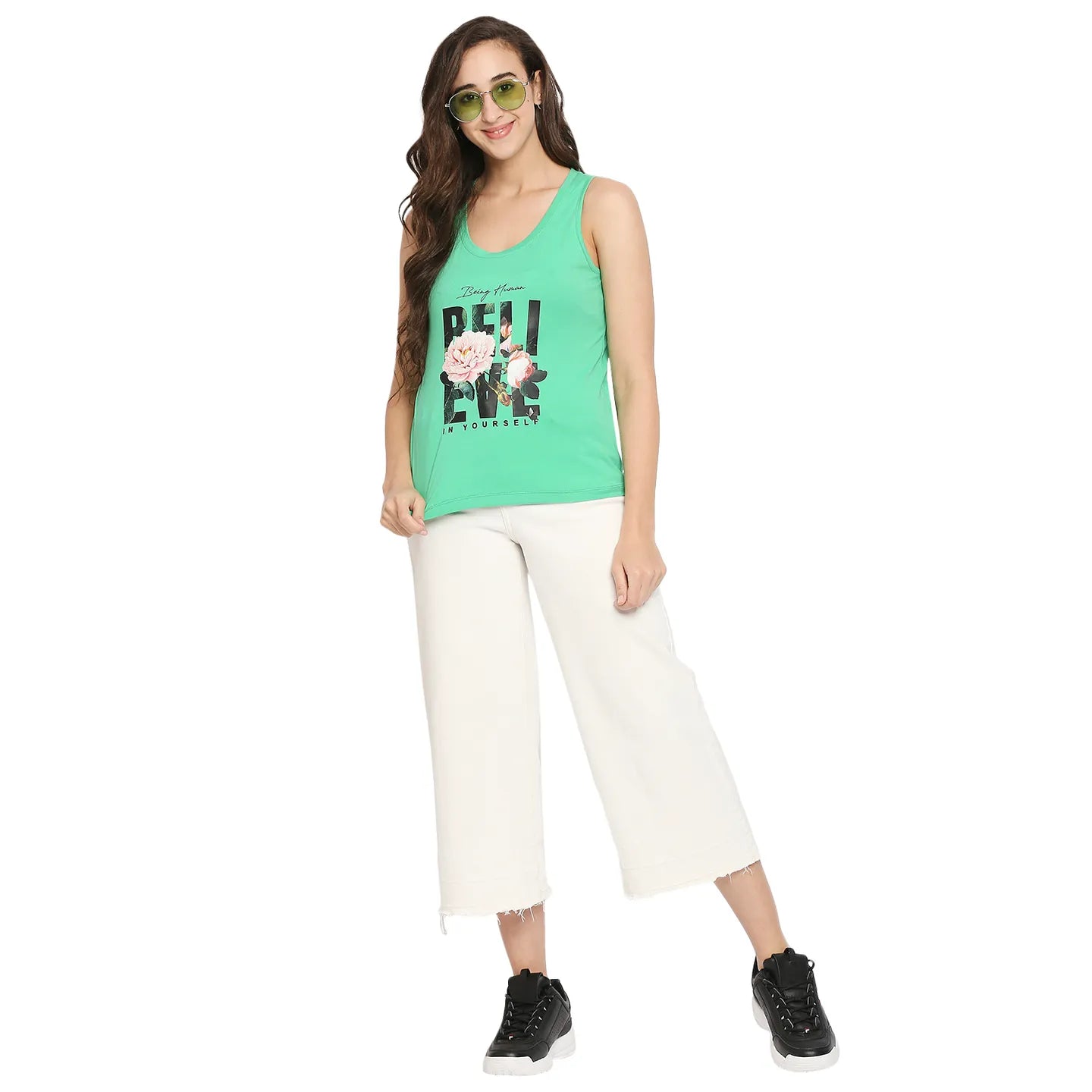 Women Semi Tank Fit Crew Neck T-Shirts-Mint Green by Being Human Clothing