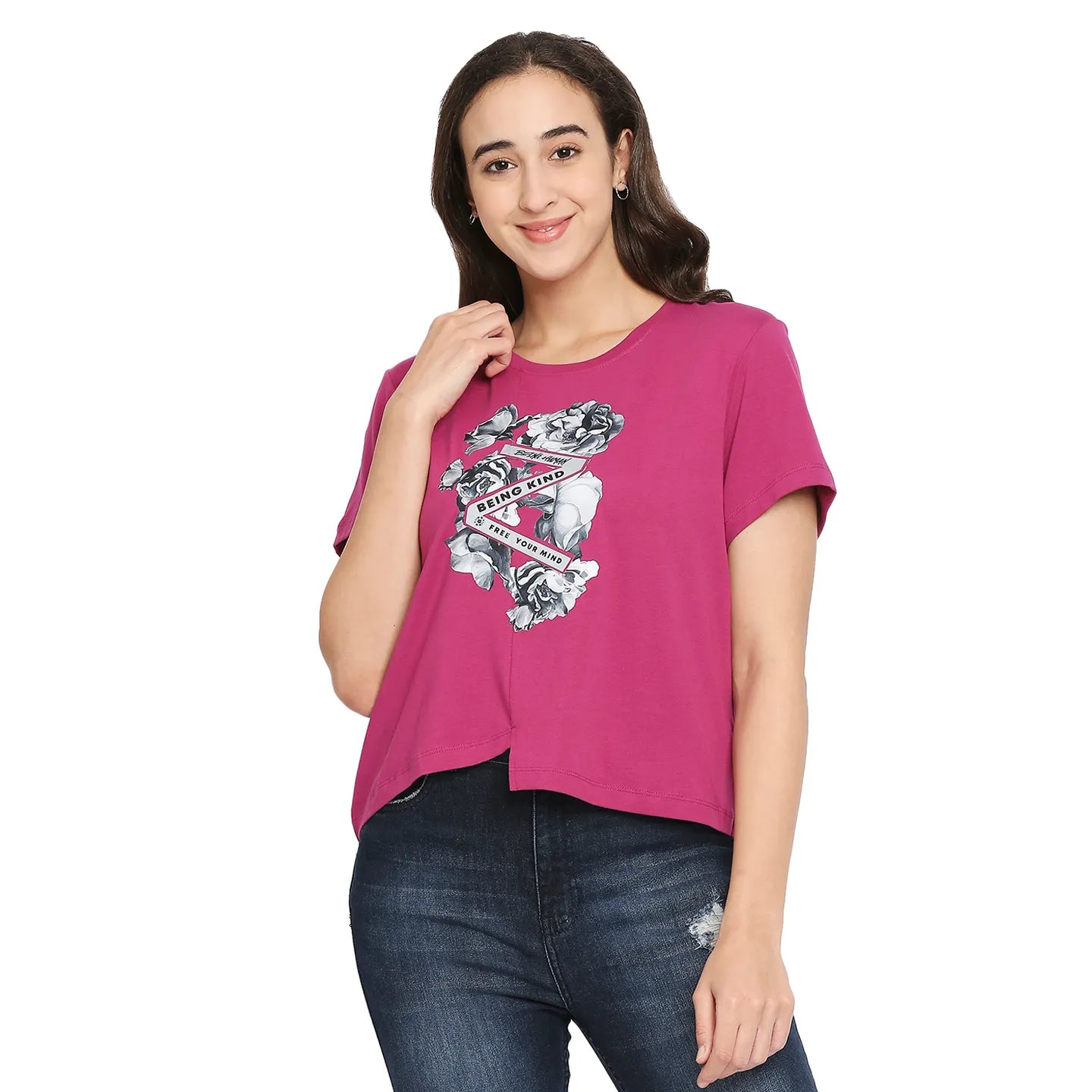 Being Human Clothing  Women Boxy Crop Fit Crew Neck T-Shirts-Fuchsia