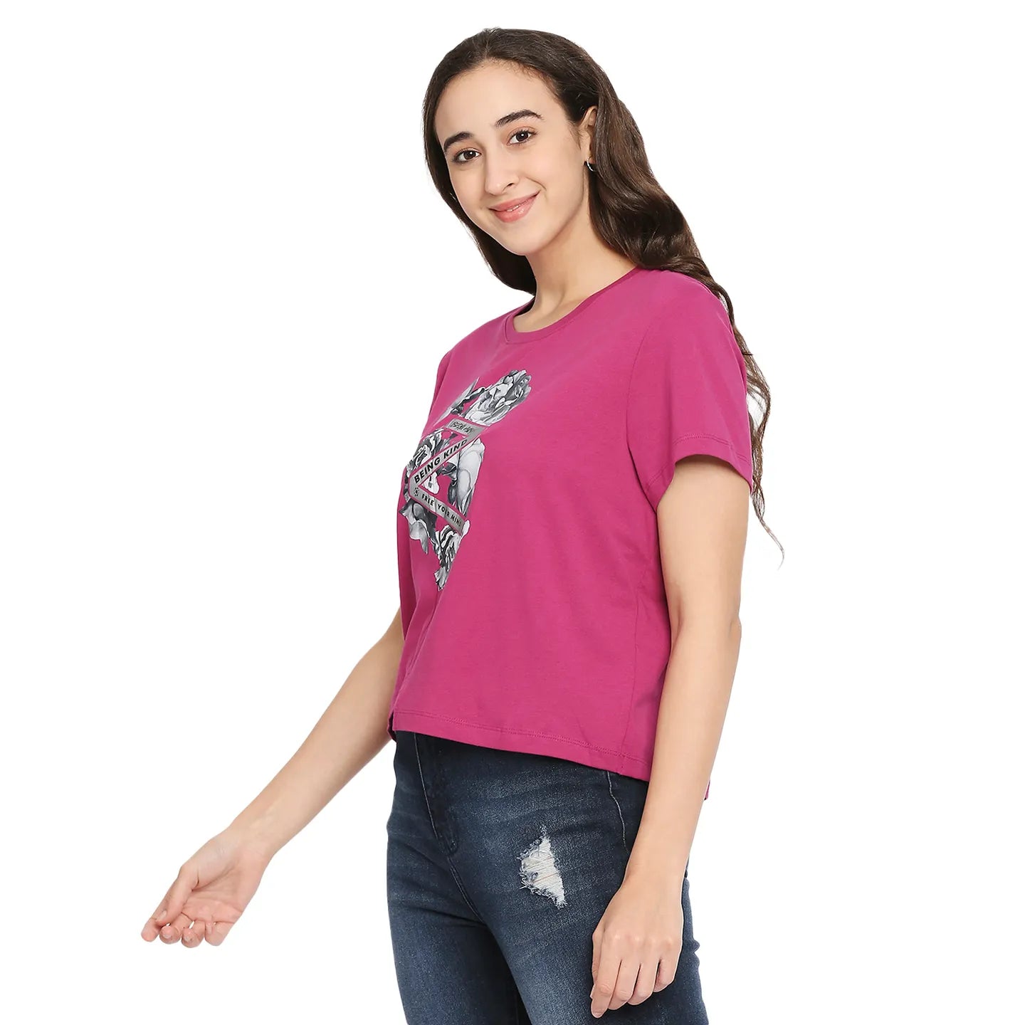 Being Human Clothing  Women Boxy Crop Fit Crew Neck T-Shirts-Fuchsia