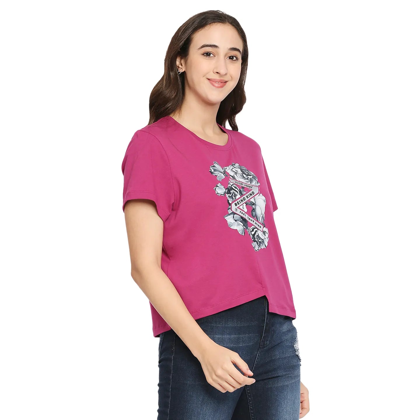 Being Human Clothing  Women Boxy Crop Fit Crew Neck T-Shirts-Fuchsia