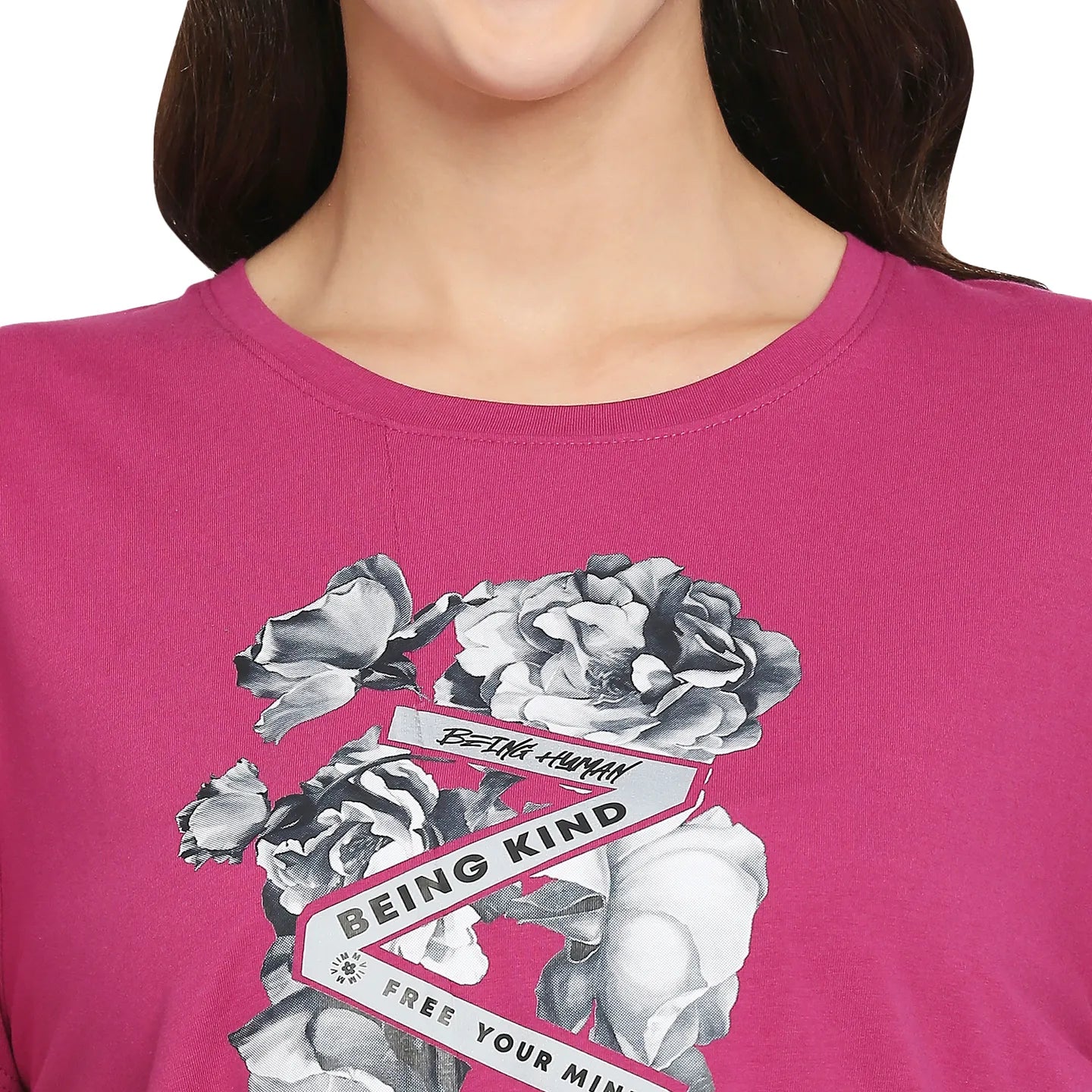 Being Human Clothing  Women Boxy Crop Fit Crew Neck T-Shirts-Fuchsia