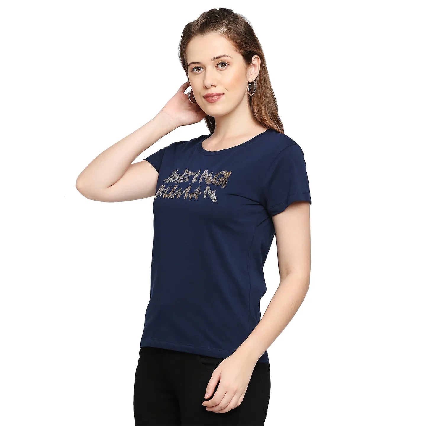Being Human Clothing Easy Fit  Women Crew Neck T-Shirts-Midnight Navy