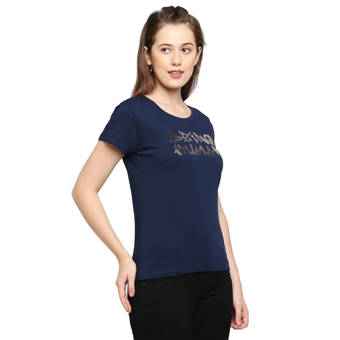 Being Human Clothing Easy Fit  Women Crew Neck T-Shirts-Midnight Navy
