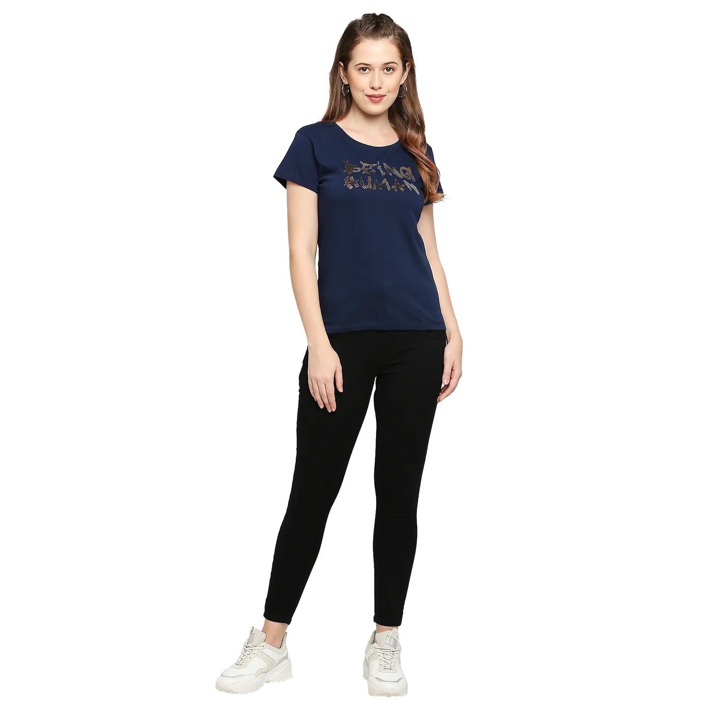 Being Human Clothing Easy Fit  Women Crew Neck T-Shirts-Midnight Navy