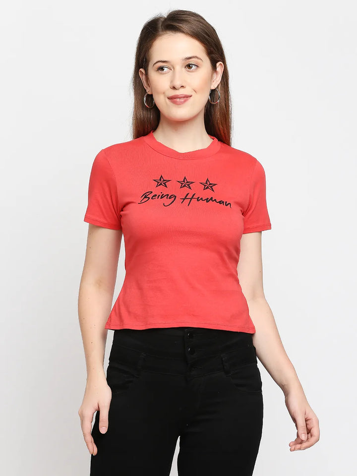 Red Slim Fit Women's Cotton Short Sleeve Cropped T-Shirt By Being Human Clothing