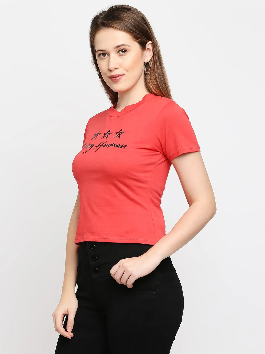 Being Human Clothing Women Slim Fit Cropped Crew Neck T-Shirts-Red Alert