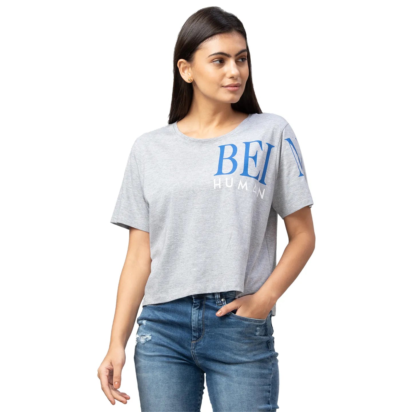 Being Human Clothing Women Boxy Crop Fit  Crew Neck T-Shirts-Grey Melange
