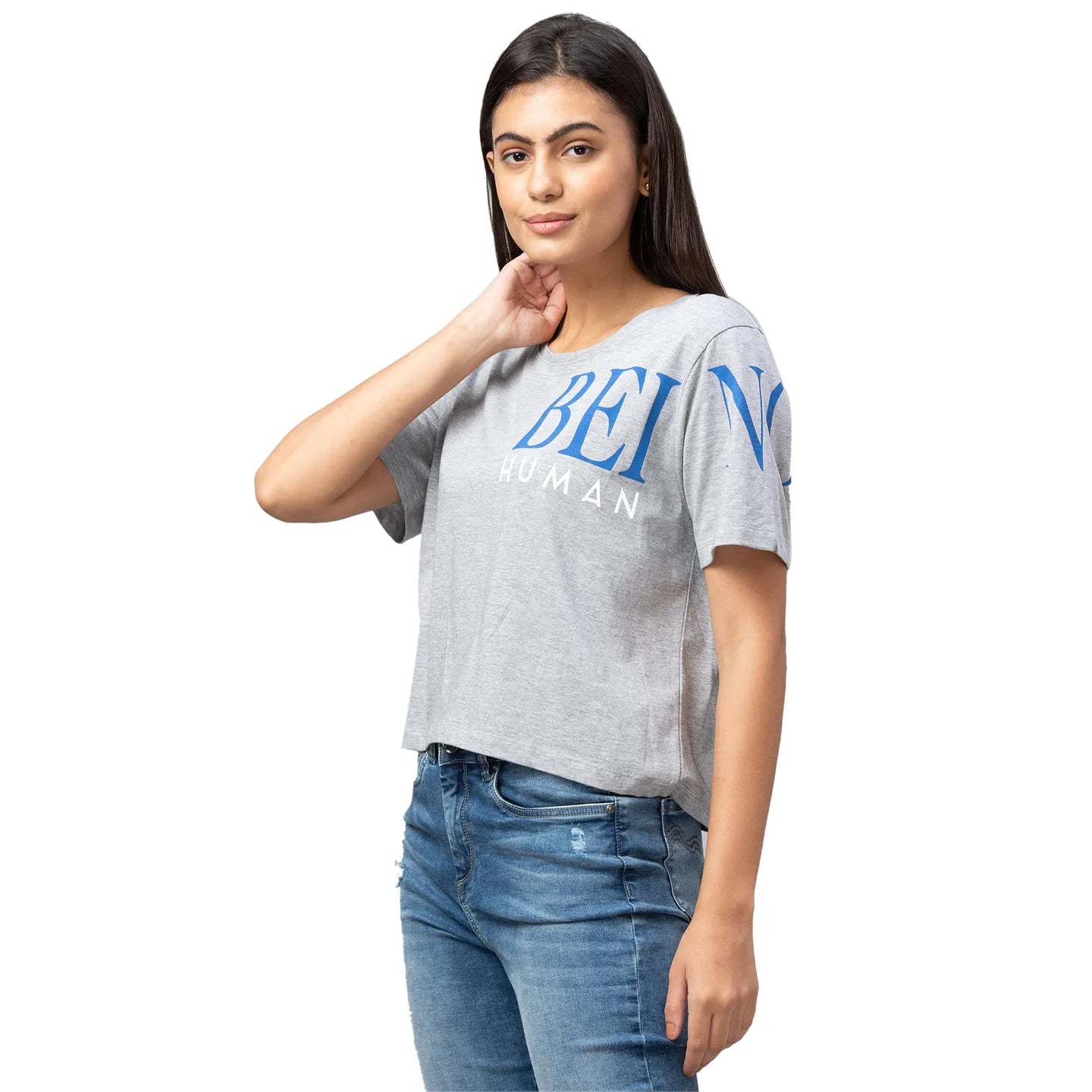 Being Human Clothing Women Boxy Crop Fit  Crew Neck T-Shirts-Grey Melange