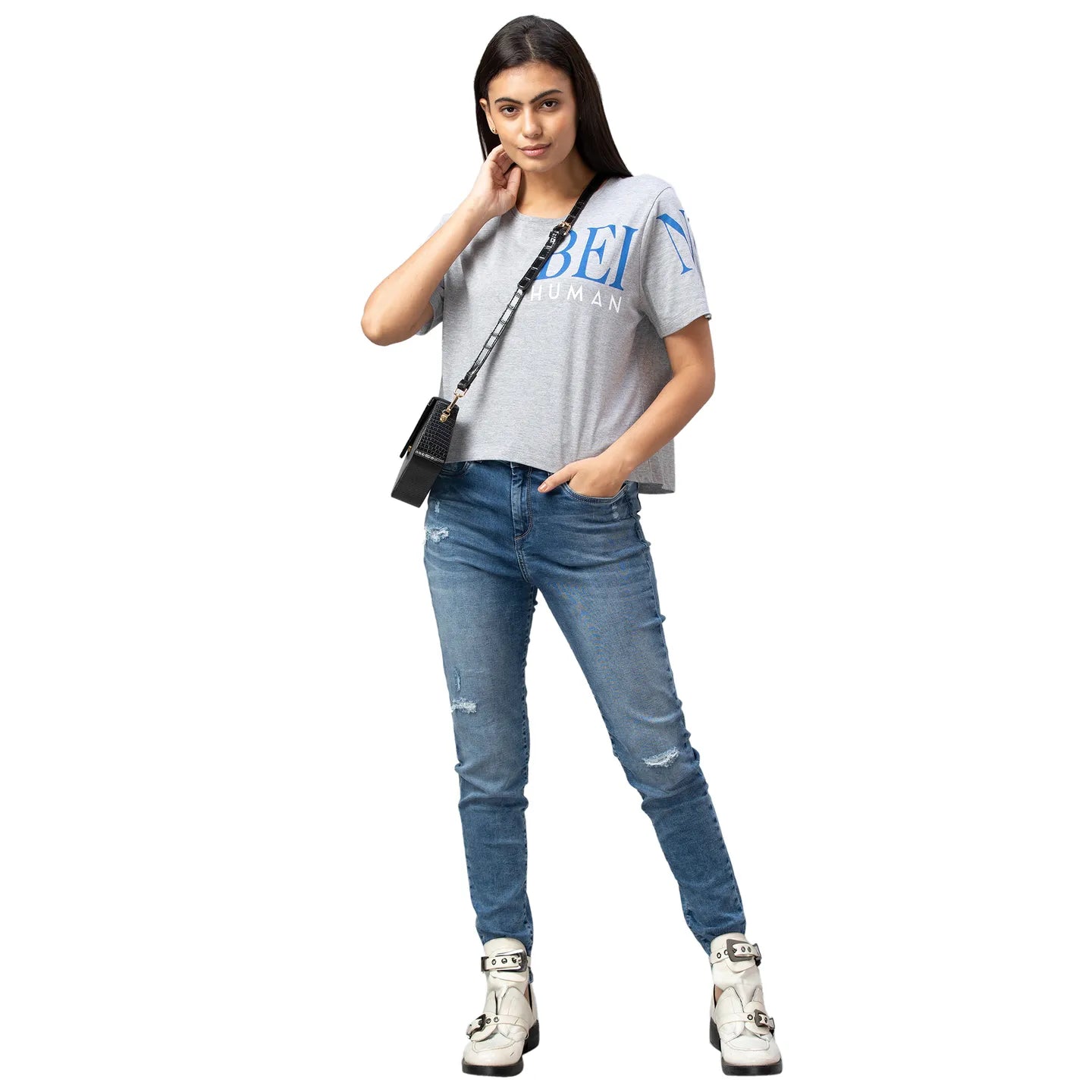 Being Human Clothing Women Boxy Crop Fit  Crew Neck T-Shirts-Grey Melange