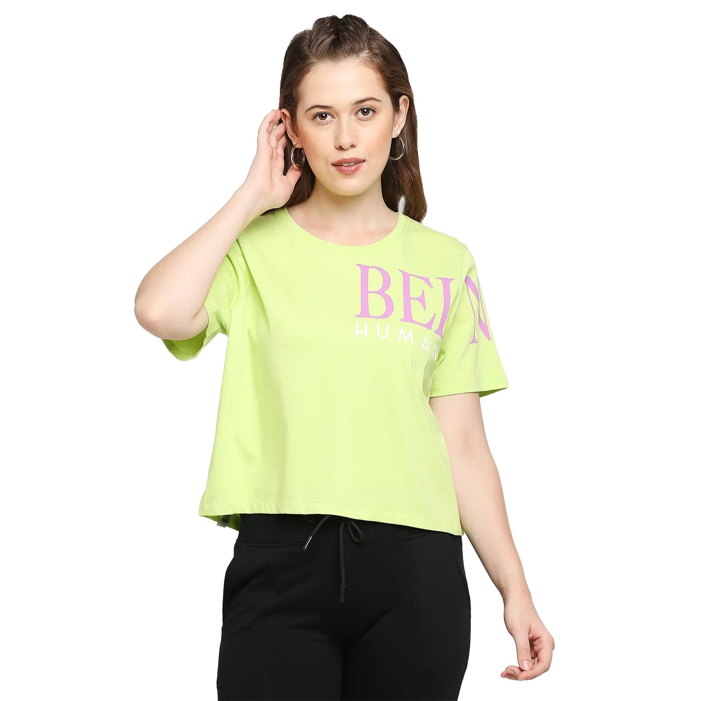 Being Human Clothing Women Boxy Crop Fit  Crew Neck T-Shirts-Kiwi N Lime