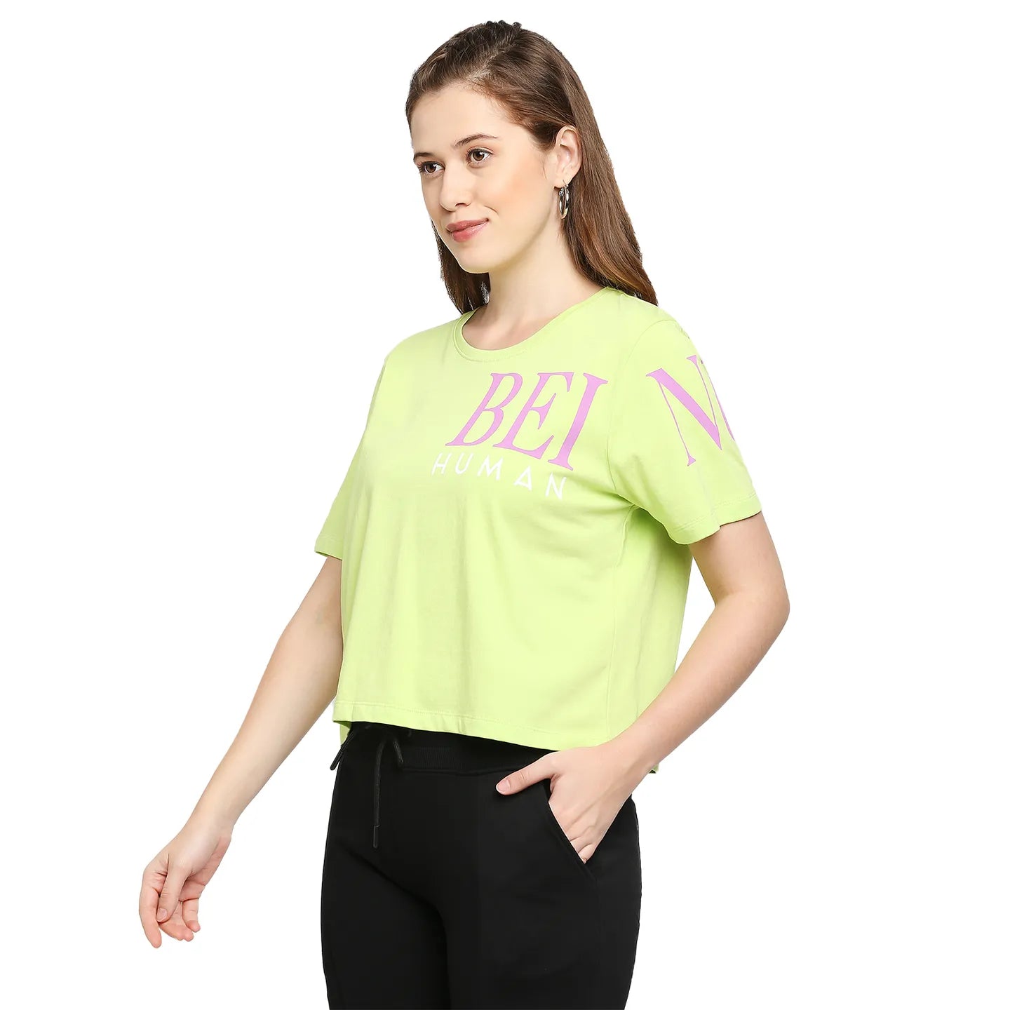 Being Human Clothing Women Boxy Crop Fit  Crew Neck T-Shirts-Kiwi N Lime
