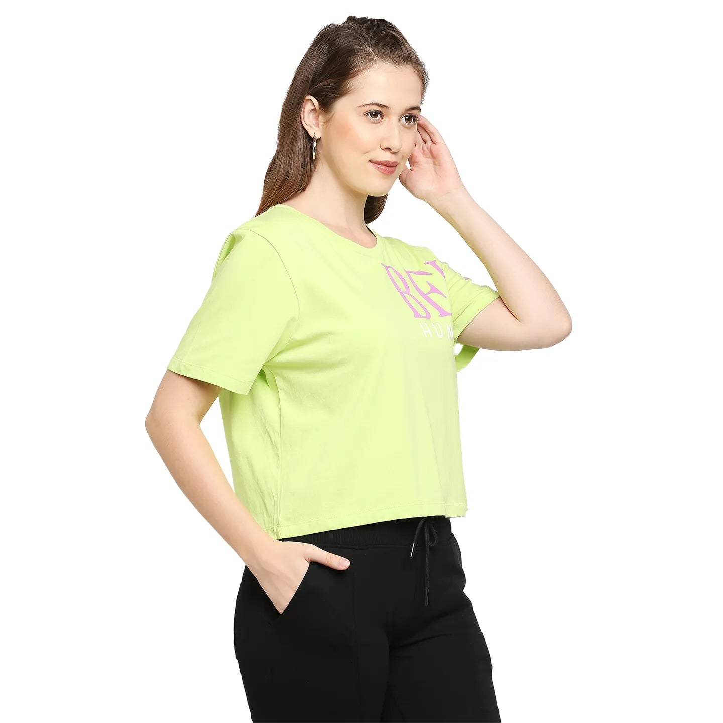 Being Human Clothing Women Boxy Crop Fit  Crew Neck T-Shirts-Kiwi N Lime