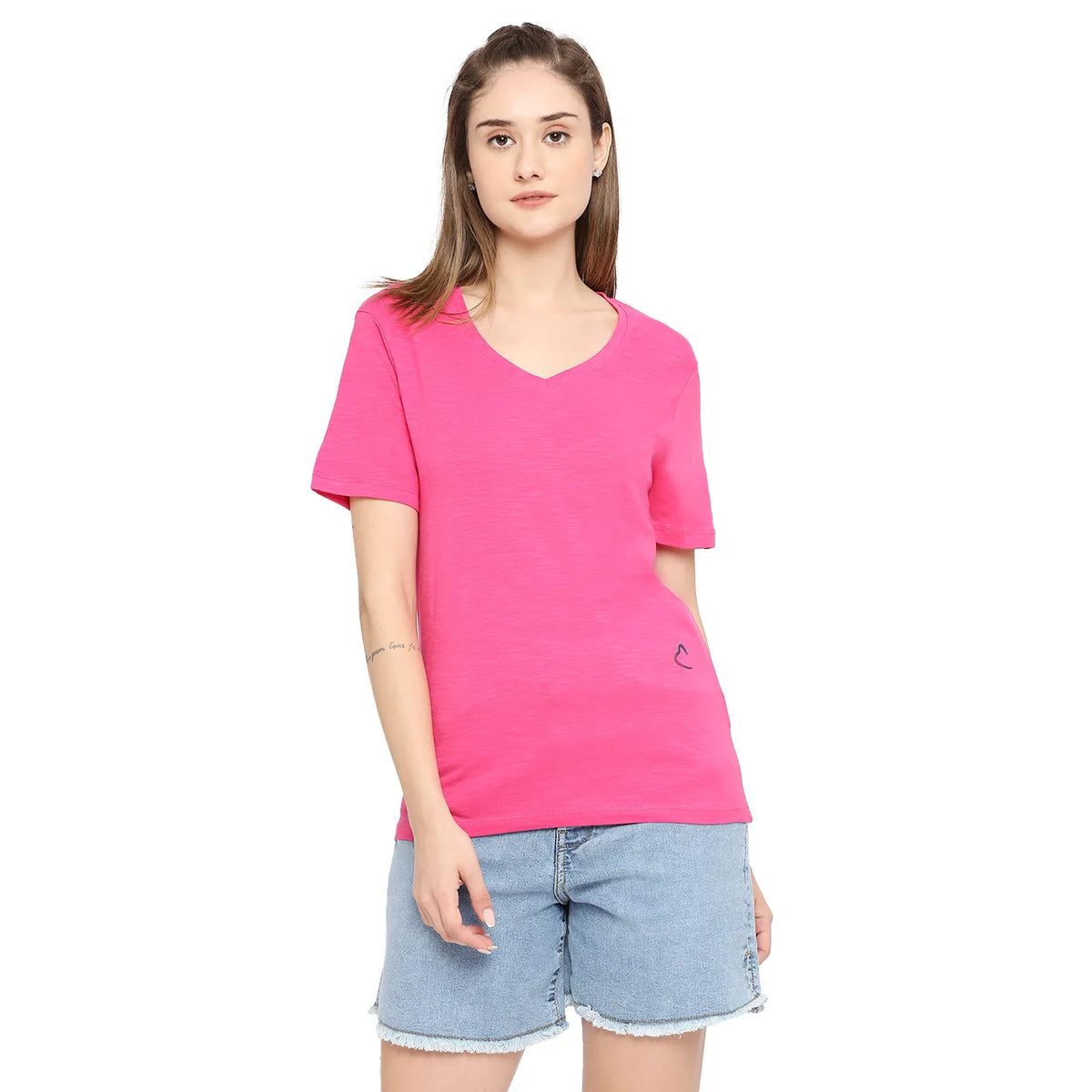Pink Shis Being Human Semi Fit Woman Crew Neck T-Shirts-Pink Glo